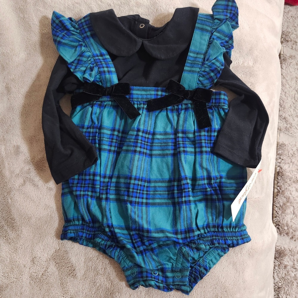 NEW Cat & Jack 12M Baby Girl Plaid Romper and Peter Pan Collar Top Set